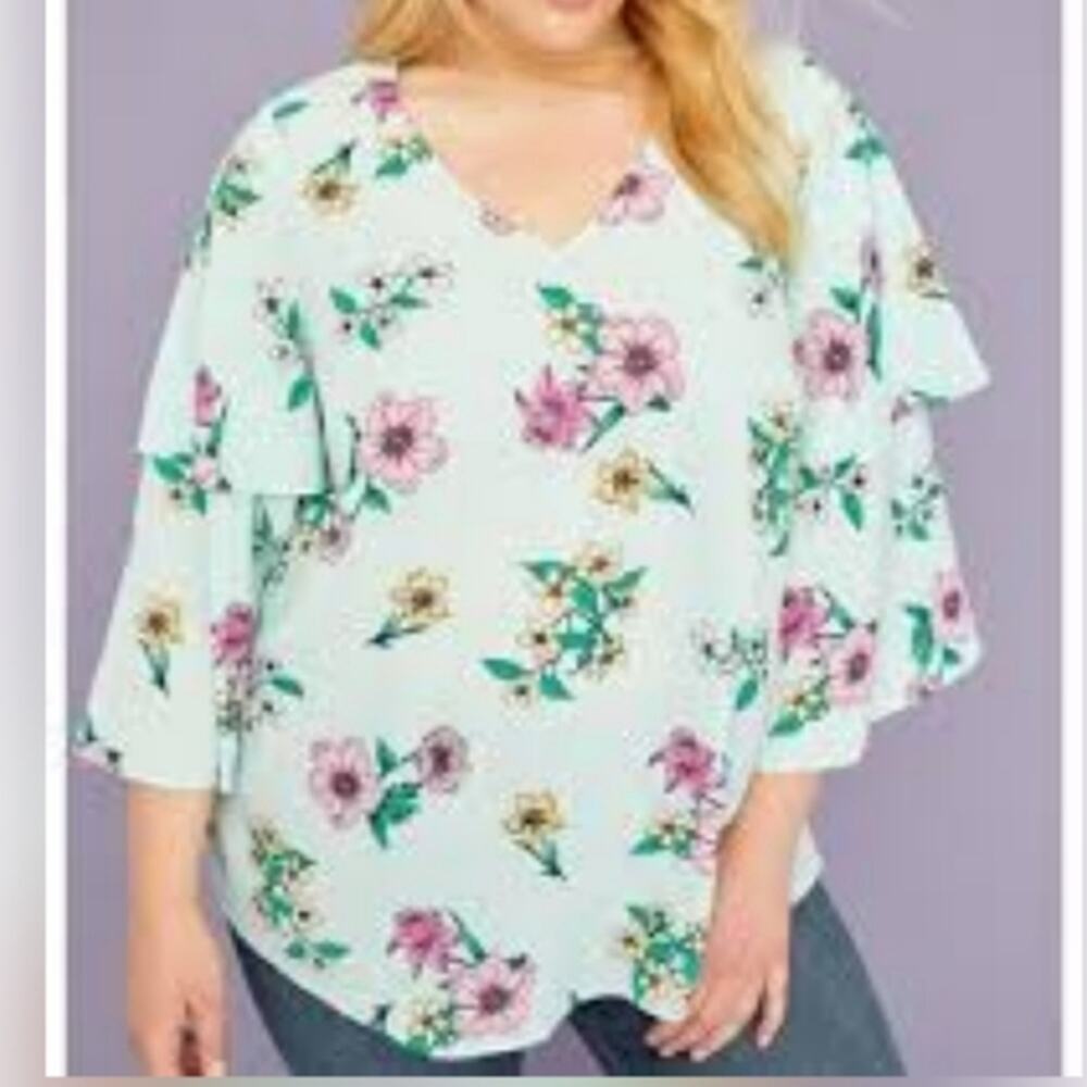 Lane Bryant Floral Tiered Ruffle Sleeve Top 14/16